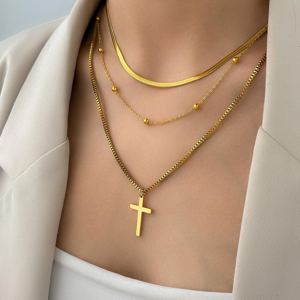 Stainless Steel Necklaces Fashions Temperament Crucifixion Pendant Multilayer Chain Necklace For Women Zircon Birthday Gift New