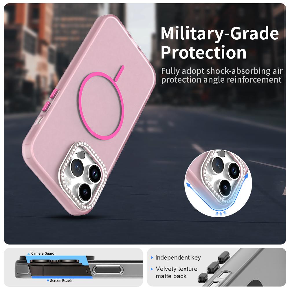 For iPhone 14 Pro Max Case Compatible with MagSafe TPU + PC + PET Phone Cover Rhinestone Decor Lens Frame