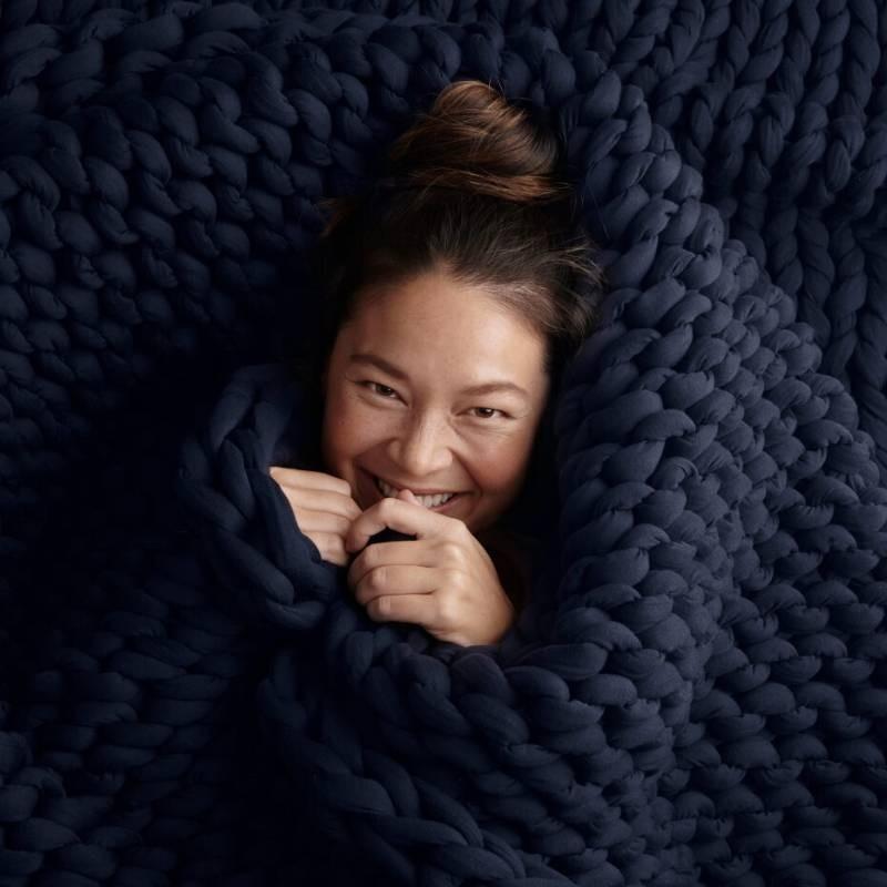 Deep Cozy Blue Handcrafted Blanket With Oversized Knit For Living Room And Bedroom Decor