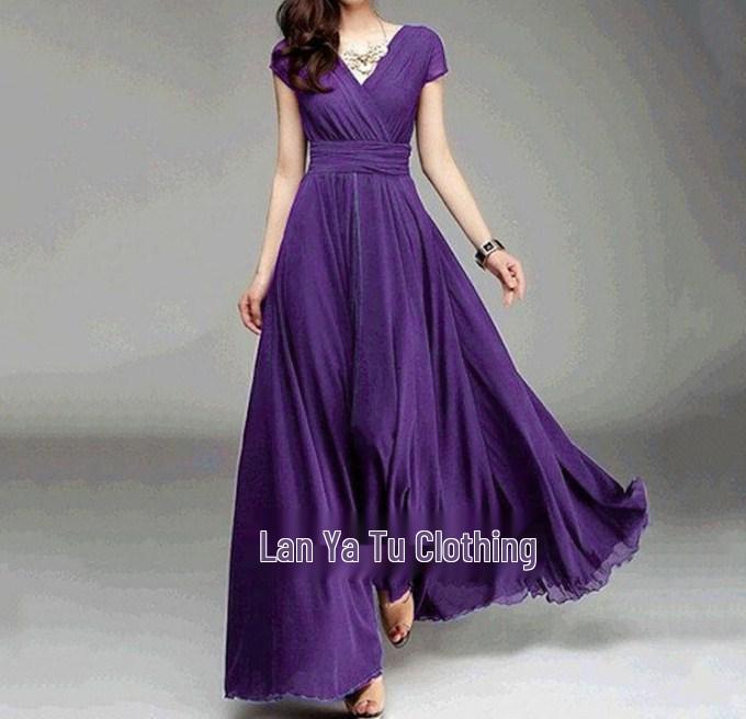 Bohemian V-Neck Short Sleeve Maxi Dress with Gathered Waist