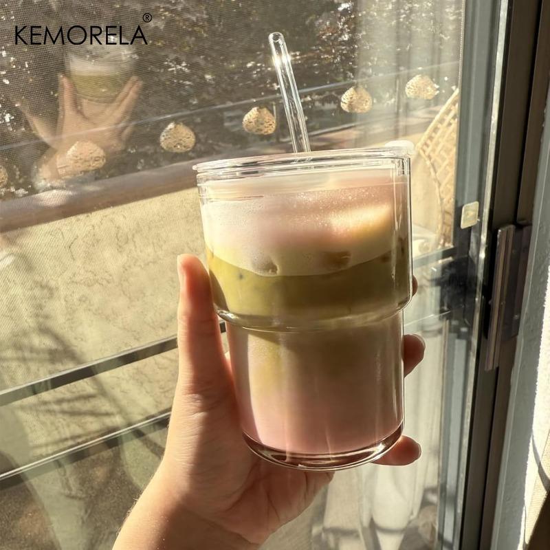 Thick Wall Glass Cup with Straw,1/2 Pcs Tumbler with Leak Proof Lid 420ML for Iced Coffee Juice Milk Tea Cola Mugs Drinkware Set