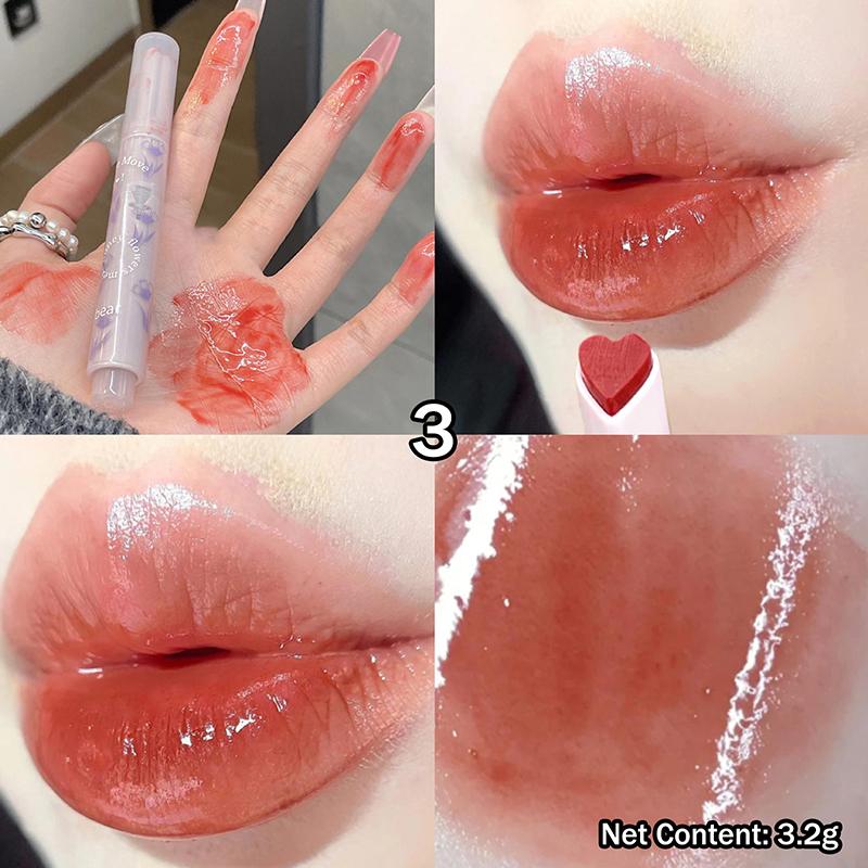 Water-Light Lip Glaze Mirror Glitter Lip Tint Long Lasting Moisturising Love Heart Shape Solid Lipstick Pen Lips Makeup Cosmetic