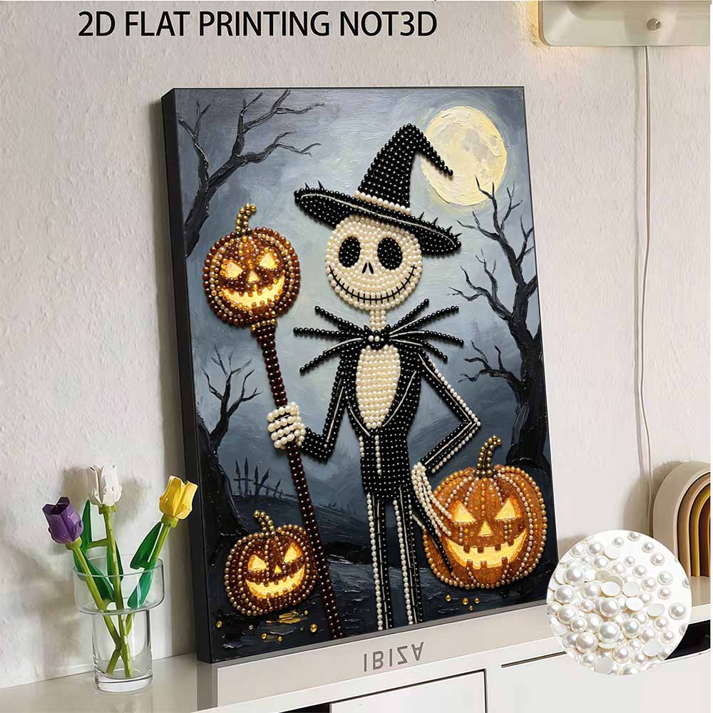 Frameless Pearl Bead Painting Kit Halloween Skeleton Pumpkin Design DIY Handmade Craft Canvas for Home Wall Decor Art Gift Ideas