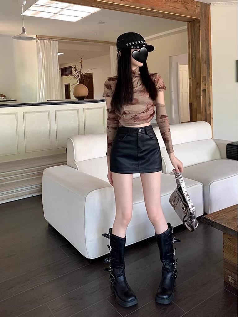 Summer 2025 Petite High Waist A-Line Brown PU Leather Skirt for Women