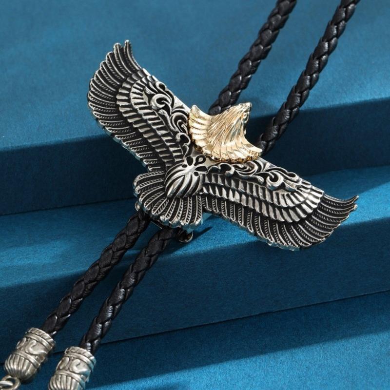 Mens Women Bolo Tie Cowboy Necktie Leather Rope Necklace with Metal Flying Eagle Feathered Pendant Jewelry Shirt Chain