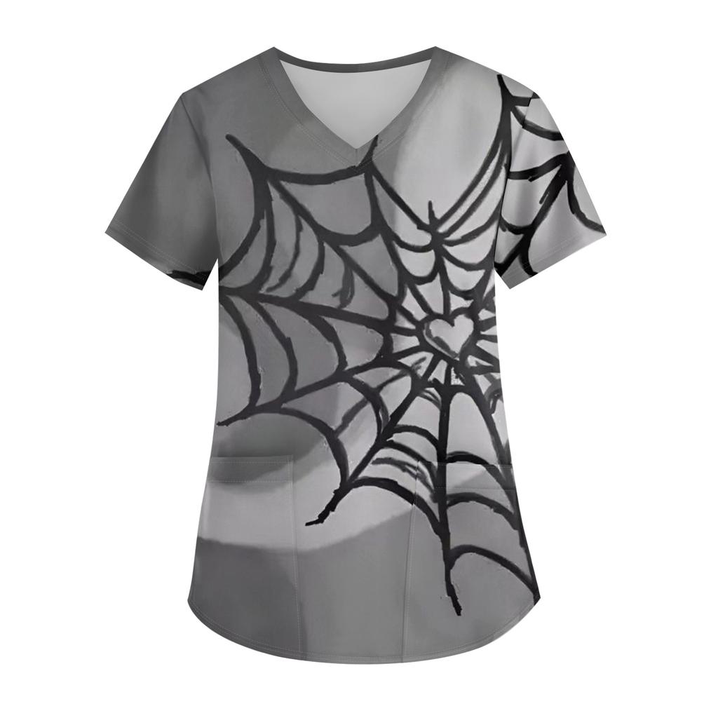 Ladies' Valentine's Day Printed Fashionable V-neck Pocket Short Sleeved Uniform And Caregiver Top