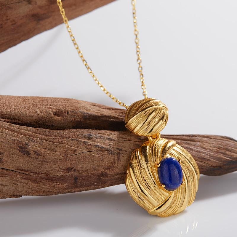 Collana da Donna in Argento S925 con Superficie a Uovo Colorata, Intarsiata con Lapislazzuli Naturale, Nicchia, Lusso Leggero, Pietra Preziosa Versatile