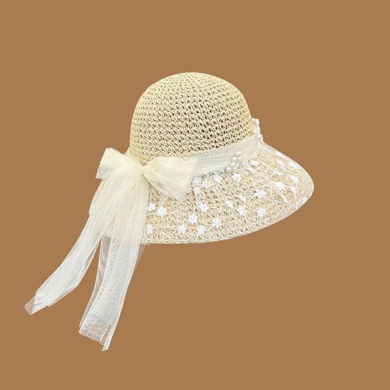 Women's Summer Hat Lace Ribbon Bow Flower Beads Big Brim Sunscreen Bucket Hat Sunshade Beach Accessories Sunhat New