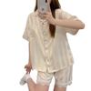 Eisseide Dünner Hochwertiger Sommer-Pyjama Damen Kurzarmshorts Zweiteiliges Set, Gestreifte Loungewear