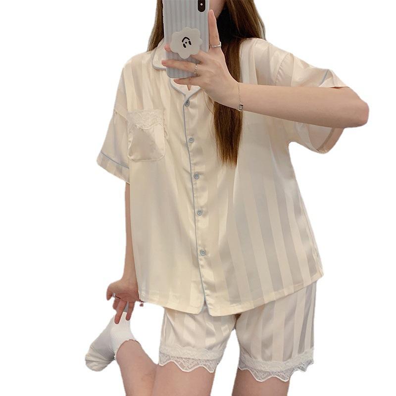 Eisseide Dünner Hochwertiger Sommer-Pyjama Damen Kurzarmshorts Zweiteiliges Set, Gestreifte Loungewear