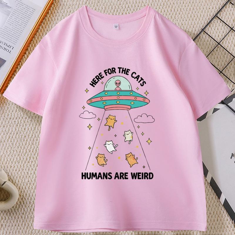 Funny Cat TShirt Here for The Cats HuUnisexs Are Weird Tshirt Vintage Cartoon Tee Alien UFO Cat Lover Graphic Unisex T Shirt