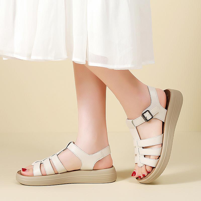 Women's Summer Black Leather Sandals Elevator Casual Slip On Plus Size Brown Walking Minimalist Roman Sandals for Girl