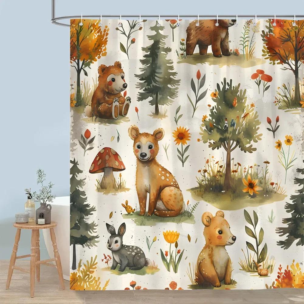 Cute Forest Animals Shower Curtain Winter Snow Fox Red Bird Deer Bear Rabbit Polyester Shower Curtains Bathroom Decor with Hooks