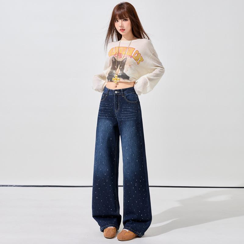 Spring new hot diamond blue-gray wide-leg jeans women's high-waisted straight drape floor pants blue-gray trousers