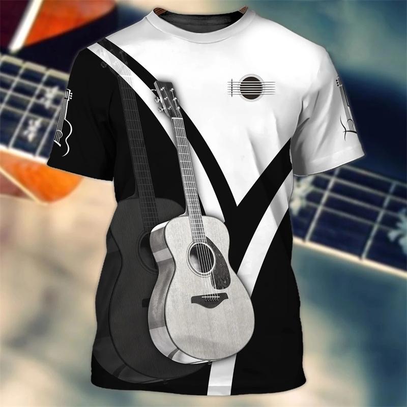 3D Printed Art Guitar T-Shirt For Men Musical Instrument Pattern T Shirts Summer Casual Tees Round Neck Tops Loose Short Sleeves