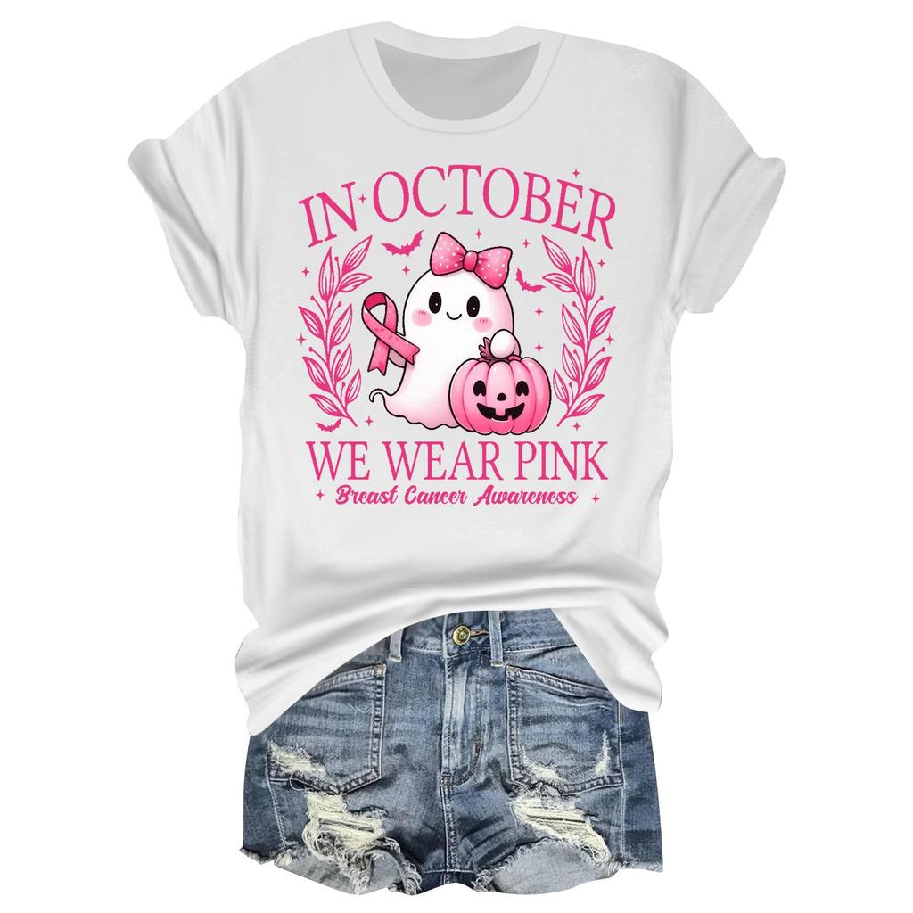 Women's Casual Halloween Breast Print T-Shirt Round Neck Pullover Short Sleeve Top