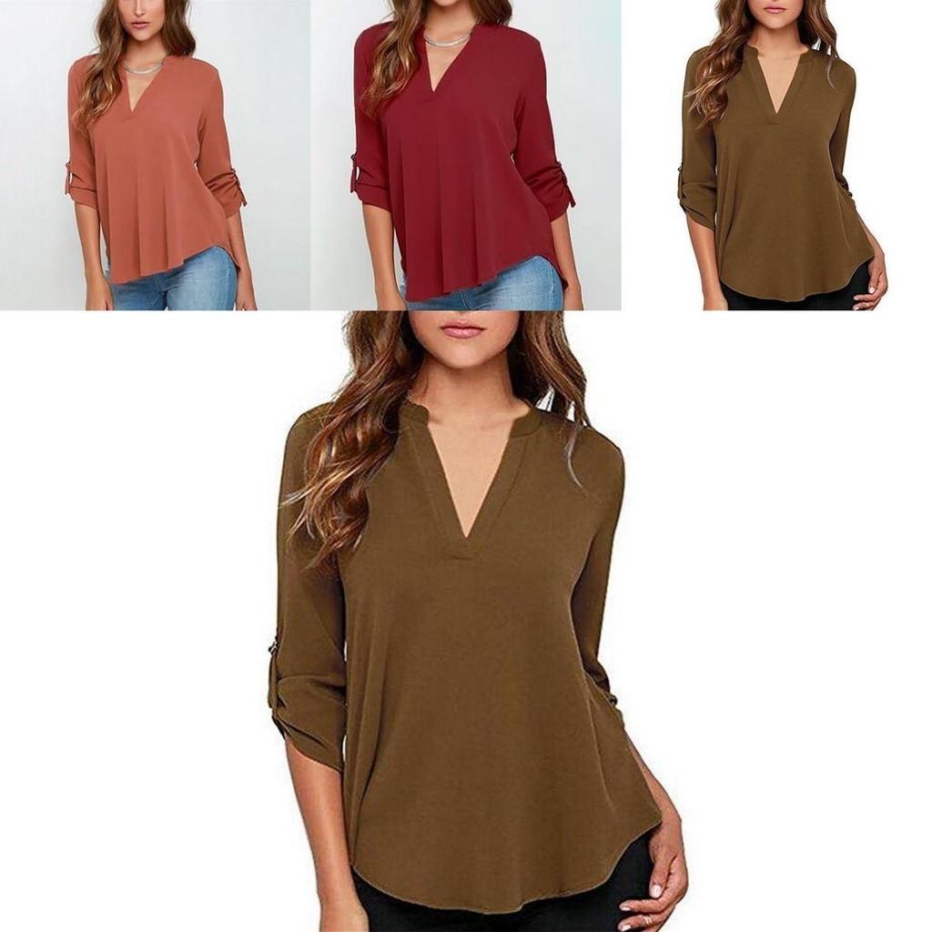 Stilvolles Damen Casual Langarm V-Ausschnitt T-Shirt Pullover Tunika Bluse Optionen