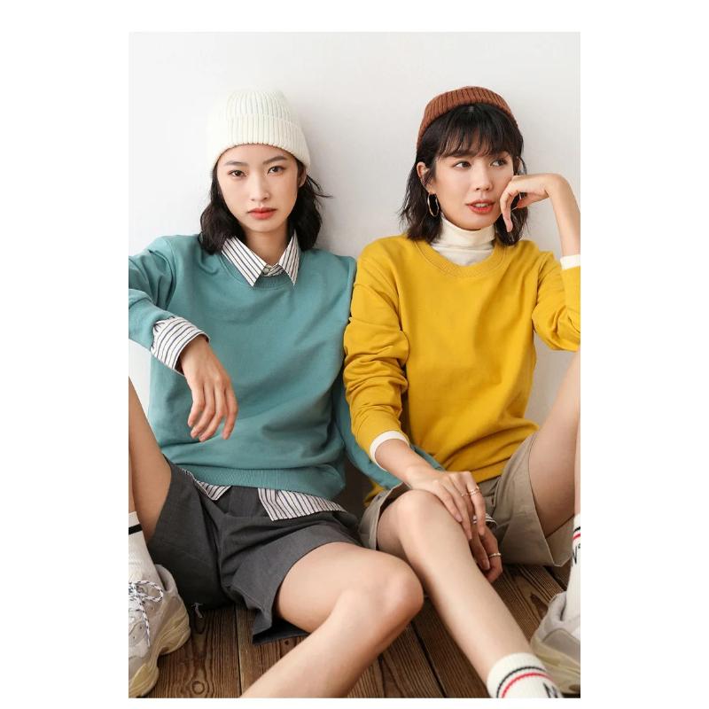 Damen Sweatshirt Frühling Herbst Mehrfarbig Mode Koreanisch Rundhals Baumwolle Locker Damen Sweatshirts Vintage Einfarbig Pullover
