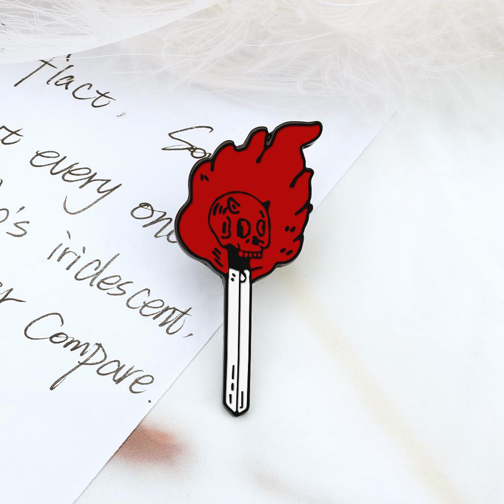 Burning Match Flame Stick Brooch Punk Skull Fire Magical Wand Enamel Pin Gothic Badge Cloth Bag Lapel Pins Jewelry Friends Gifts
