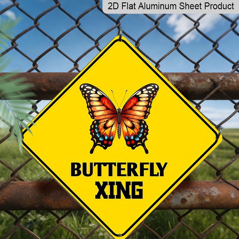 2D Flat, 1pc Humorous Butterfly Crossing Metal Sign - Vibrant Yellow & Colorful Butterfly Wall Decor, Indoor/Outdoor Art for Home, Garden, Patio