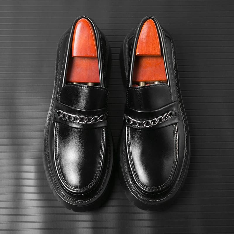 Spring Thick Sole Leather Shoes Metal Chain Loafers Round Head High Quality Slip-ons Business Formal Shoes Male Casual Moccasins