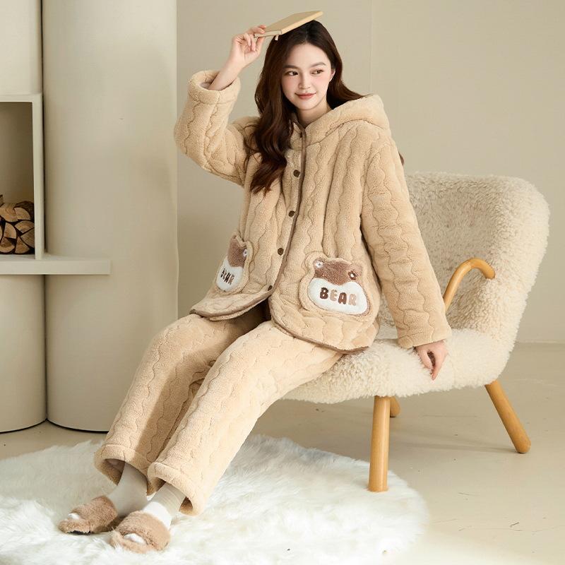 Winter three-layer padded coral fleece pajamas women's winter thickened hooded warm flannel cartoon loungewear women's
