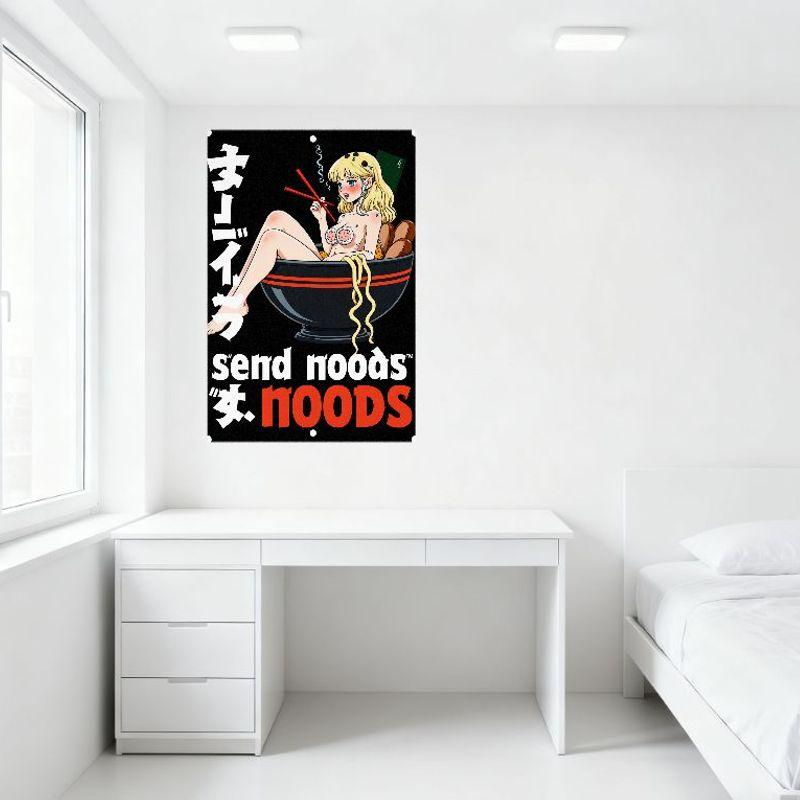 Anime Foodie Girl In Bowl Metal Tin Sign, Noodle Themed Wall Art, Playful Cartoon Wall Plaque for Home Bar Cafe Decor, Red Black