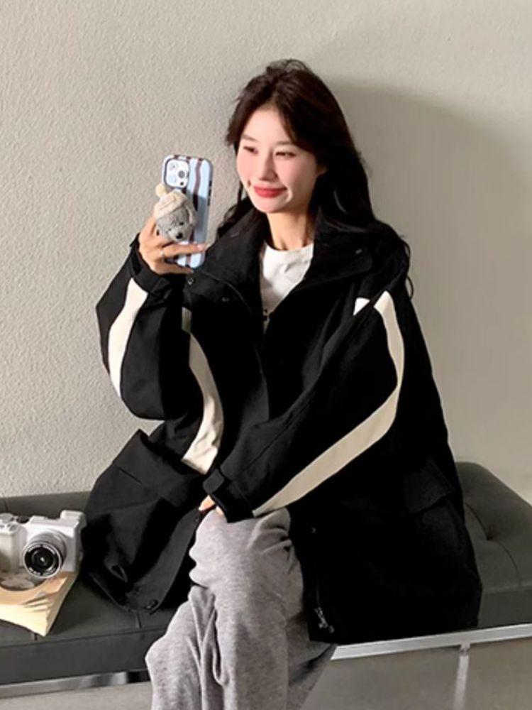 Plus Size Women's Spring Autumn American Style Hooded Jacket Oversized Loose Casual Patchwork Coat Windbreaker