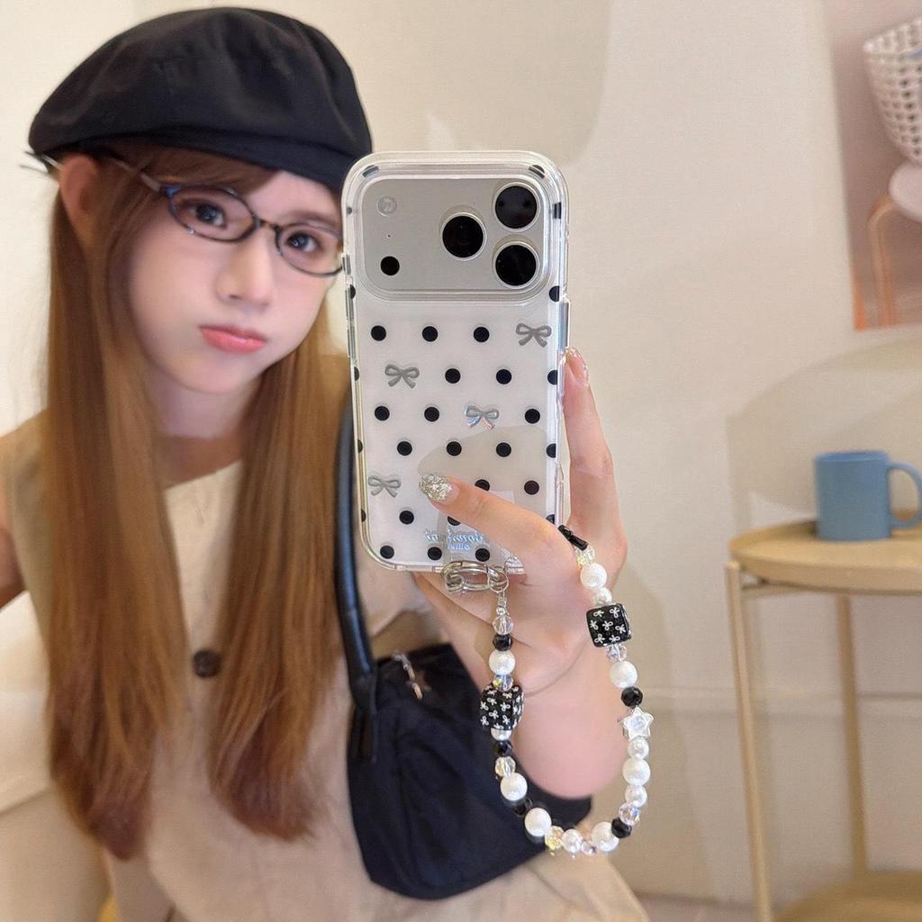 Simple Black and White Polka Dot Bow Phone Case for iPhone 17 Pro Max/16, Double Layer Design for Models 15/14.