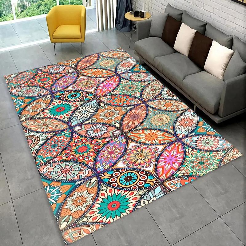 Bohemian Style Mandala Area Rug With Colorful Artistic Floral Geometric Patterns Soft Decorative Carpet For Living Room Bedroom