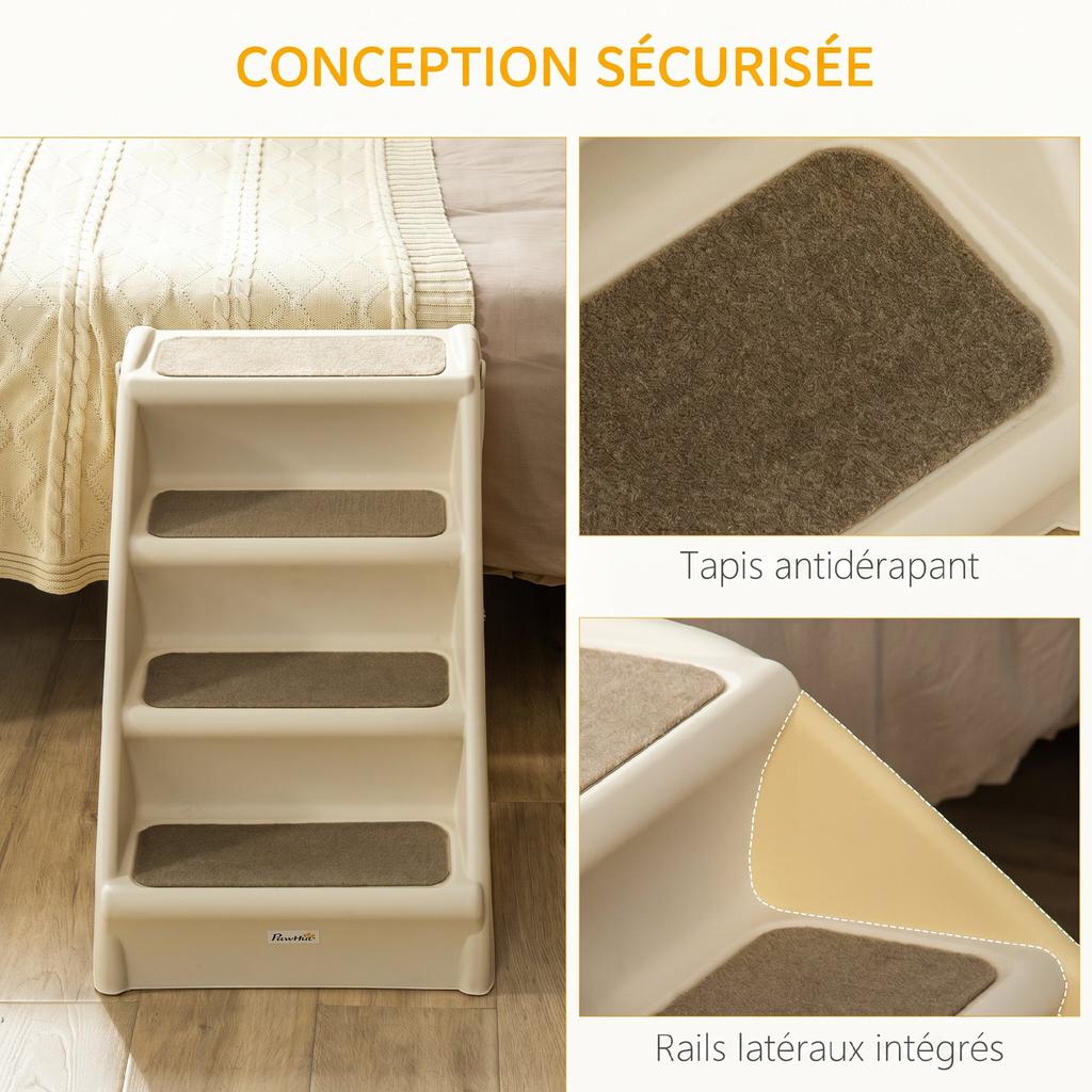 Dog Stairs, Folding, 4 Non-Slip Steps, Plastic Pet Stairs, 62 x 38 x 49.5 cm, Beige