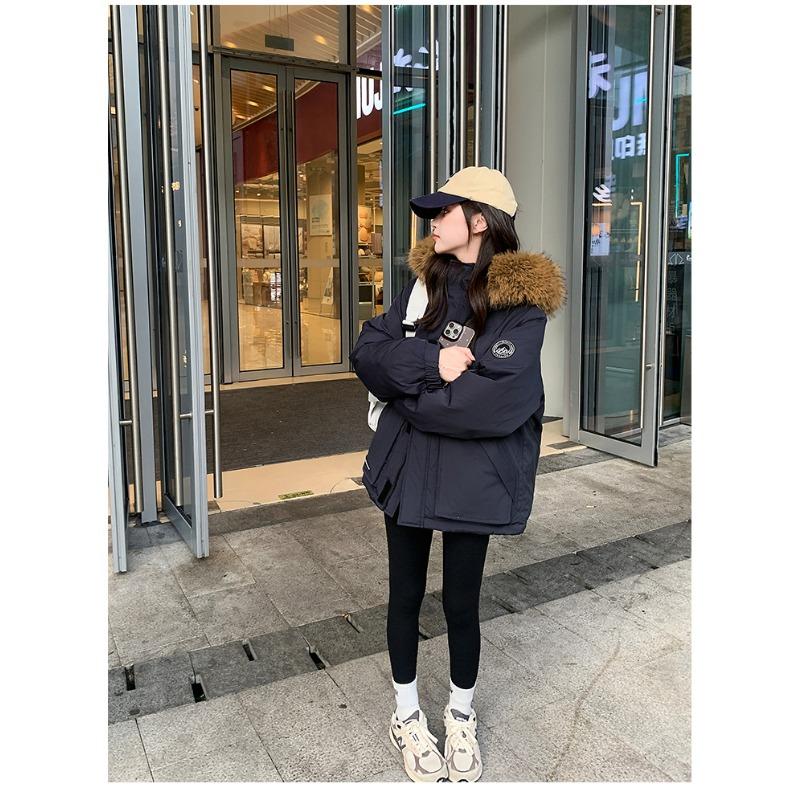 

Winter new pie overcomes large fur collar thickened loose short warm casual temperament padded jacket XL тёмно-синий