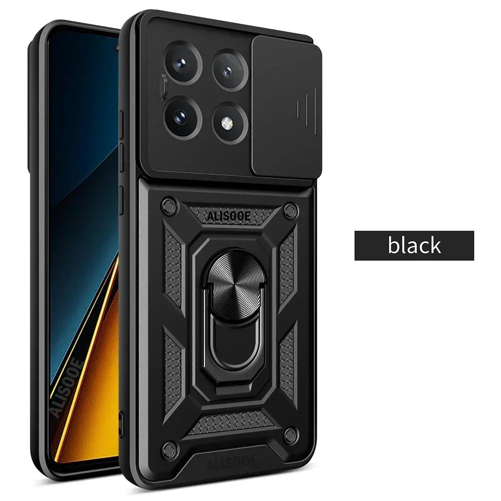 

Capa для POCO X7 Pro / X6 Pro 5G Case Armor Slide Camera Lens Protection Back Cover для Xiaomi POCO X6 Pro 5G Ring Stand Funda for POCO X6 Pro чёрный