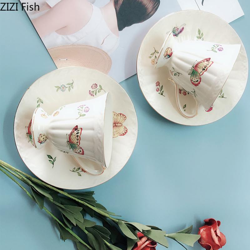 Butterfly Pattern Gold-plated Ceramic Cup&saucer Dining Table Coffee Cup Milk Mugs Afternoon Tea Teacup Fruit Juice Container