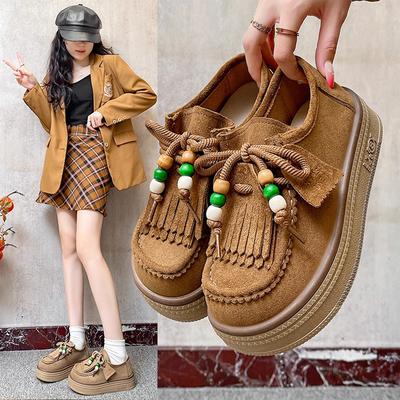 New Autumn Women's Retro Fringed Leather Platform Shoes, Casual Versatile Comfort Single Shoes
