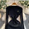 Spring Autumn Women Casual O-neck Embroidery Knitted Sweater Long Midi Slim Dresses