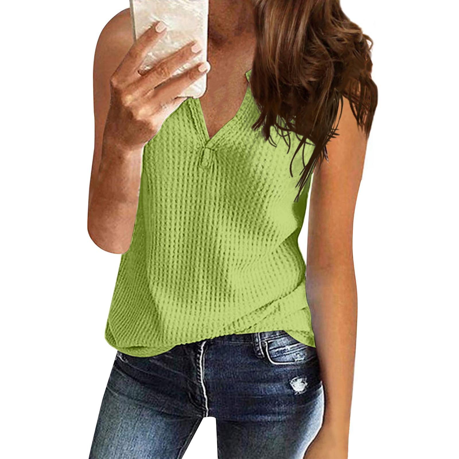 Women s Fashion Colour V-Neck Casual Sleeveless T-Shirt Top S зелёный