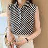 Prostota Letni Cienki Styl Damski Kołnierzyk POLO Paski Jednorzędowy Koreańska Moda Luźny Bez Rękawów Szyfonowa Koszula Top