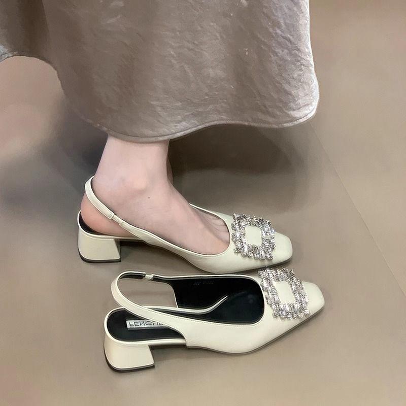 Women's Baotou Sandals Women's Summer 2025 New French Temperament Evening Fairy Rhinestone Thick Heel Silver Single Shoes Women