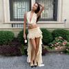 Women's Solid Color Halter Crop Top & Low Waist Ruffle Maxi Skirt Set, Two Piece Party Outfit