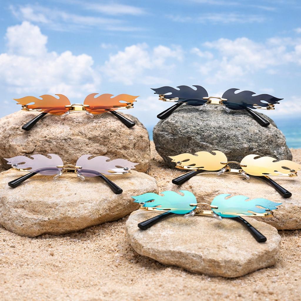 Women Men Narrow Sunglasses Trending Rimless Fashion Sunglasses Wave Sun Glasses Fire Flame