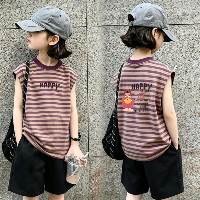 Girls' Color-Block Striped Tank Top Set - New Summer Arrival for Ages 6-12, Fashionable Sleeveless Design