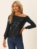 Allegra K Women's Off-the-Shoulder Sequined Blouse with Elastic Cuffs, Long Sleeve, Black, Size XL