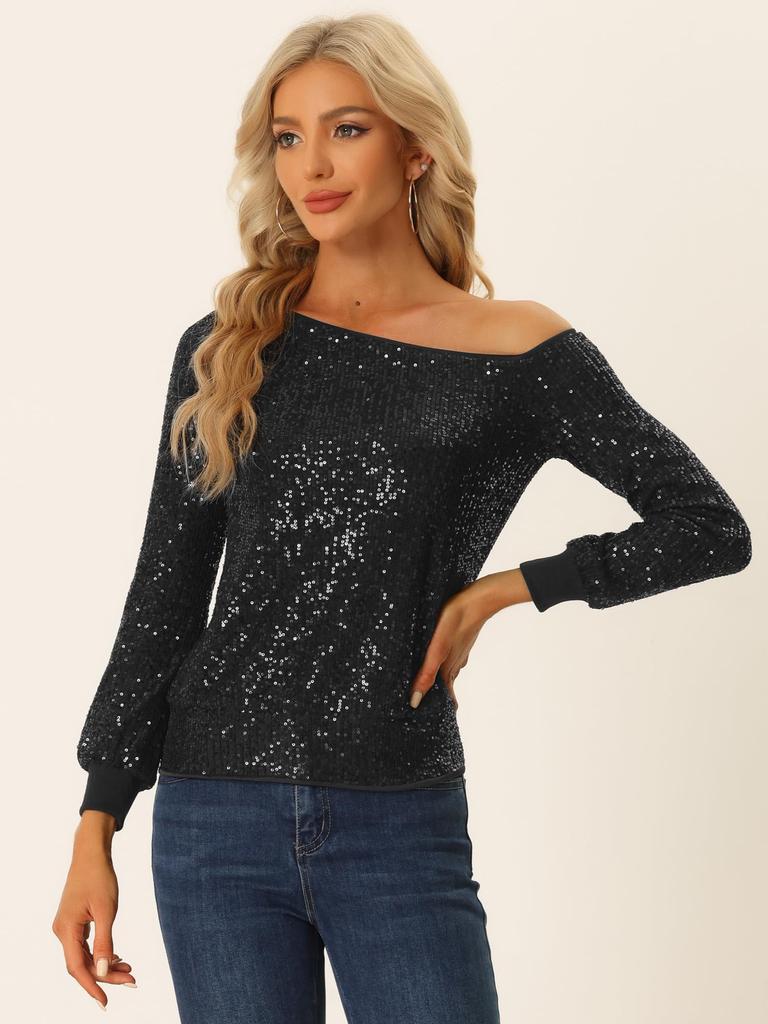 Allegra K Women's Off-the-Shoulder Sequined Blouse with Elastic Cuffs, Long Sleeve, Black, Size XL