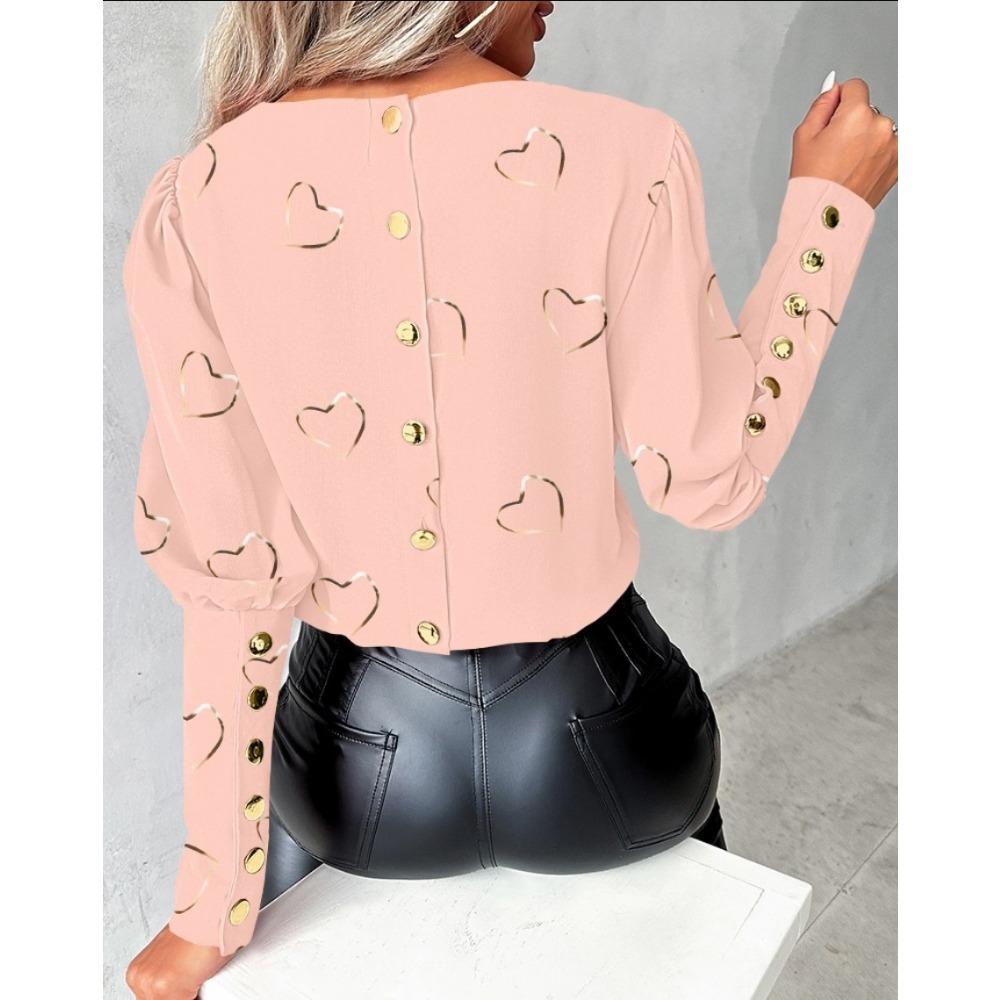 IHUASU Autumn Winter Fashion Printed Long Sleeve Round Neck Button-down Shirt for Women T-shirt