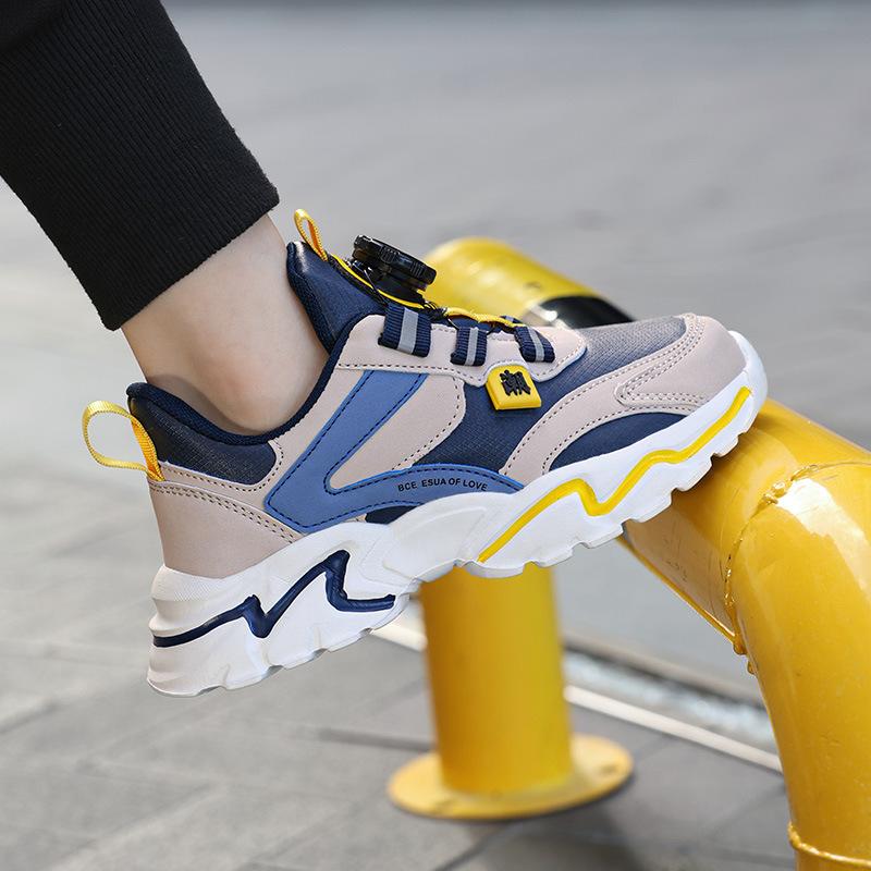 Boys' Shoes 2025 Autumn and Winter New Middle-aged and Older Children's Sports Shoes Leather Surface Casual Rotating Buckle Casual Running Shoes