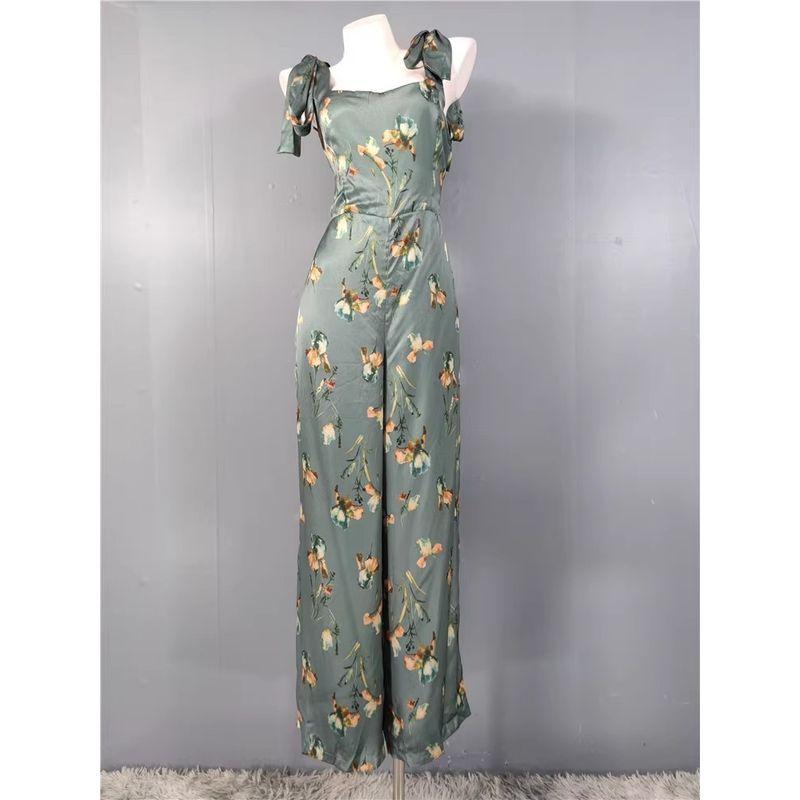 

Экспорт Однотонный Дом Высокое Качество Уксусная Кислота Сатин Удобный Мягкий С Принтом Квадратный Воротник Банты Открывает Ключицы Цельный Брюки Green Flower XL