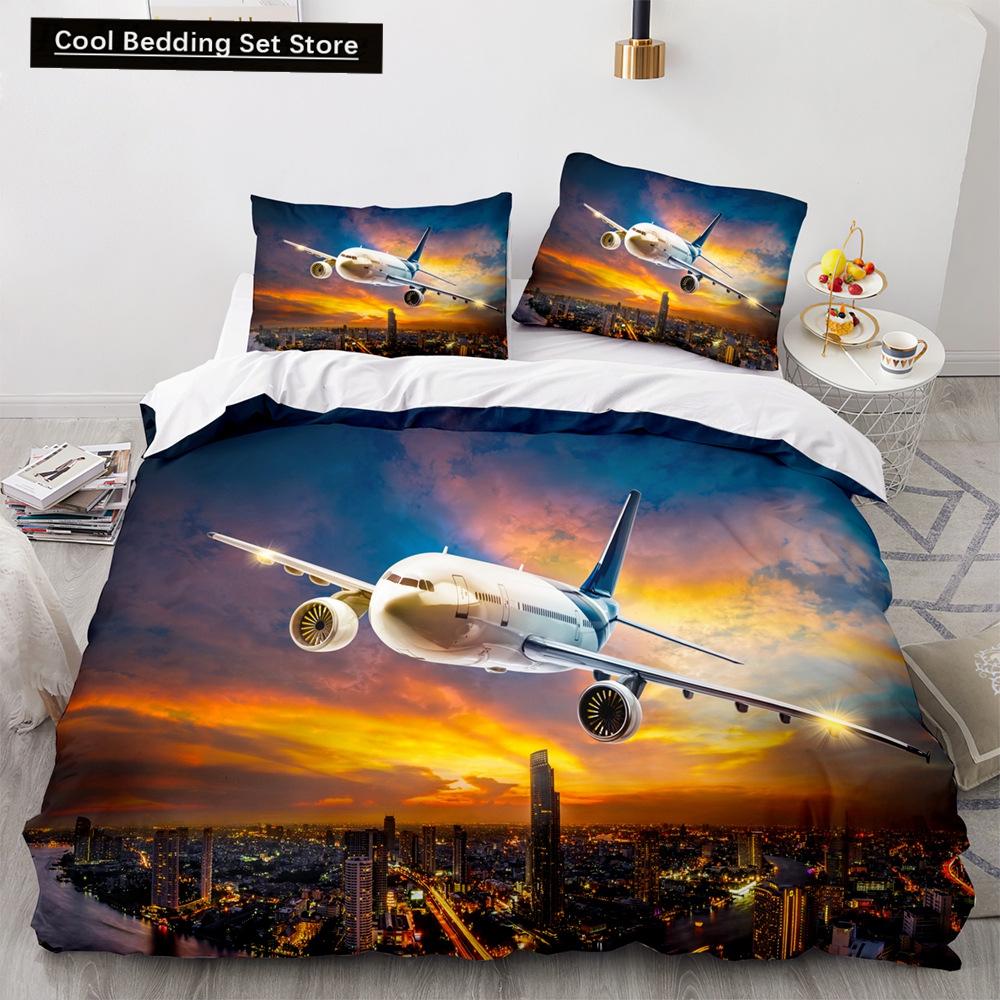 Airplane King Queen Full Duvet Cover Vintage Fighter Bedding Set for Kids Teens Adults Sky Clouds Grey 2/3pcs Soft Quilt Cover