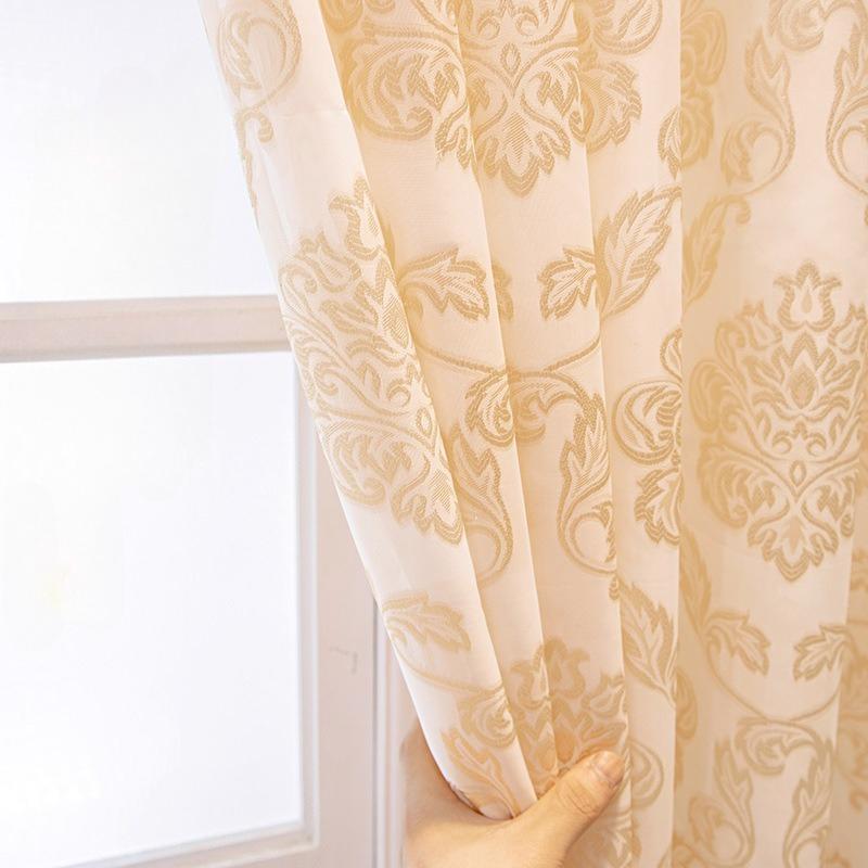 1pc Golden Jacquard Window Sheer Curtain, Window Treatment for Living Room Bedroom Balcony Home Decor