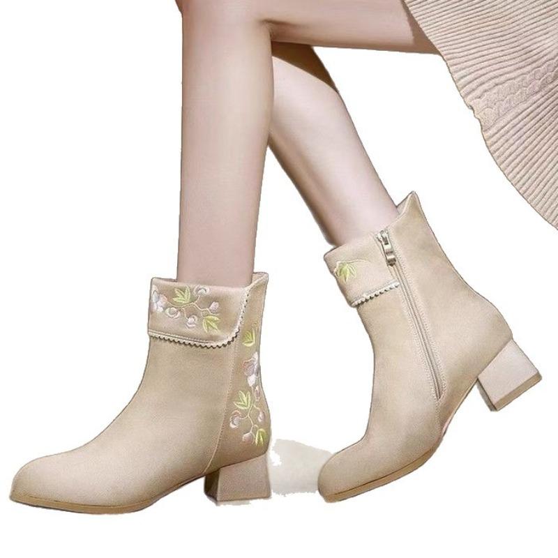 Versatile Shoes with Added Padding, Thick and Chunky Heels, Retro Style Mid-calf Boots, Cotton Boots